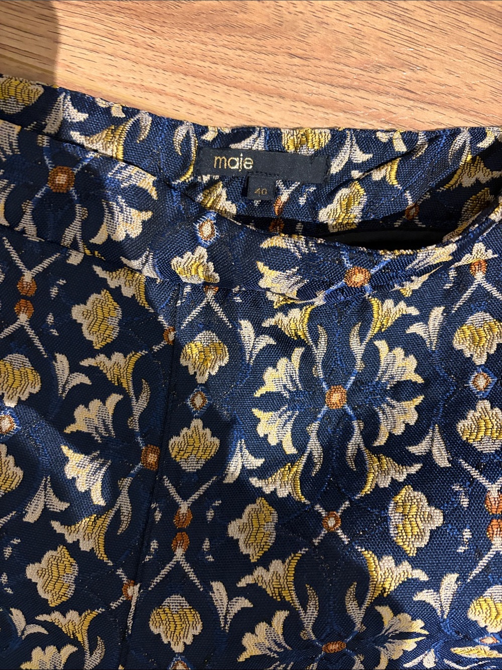 Maje Navy and Gold Floral Jacquard Pants